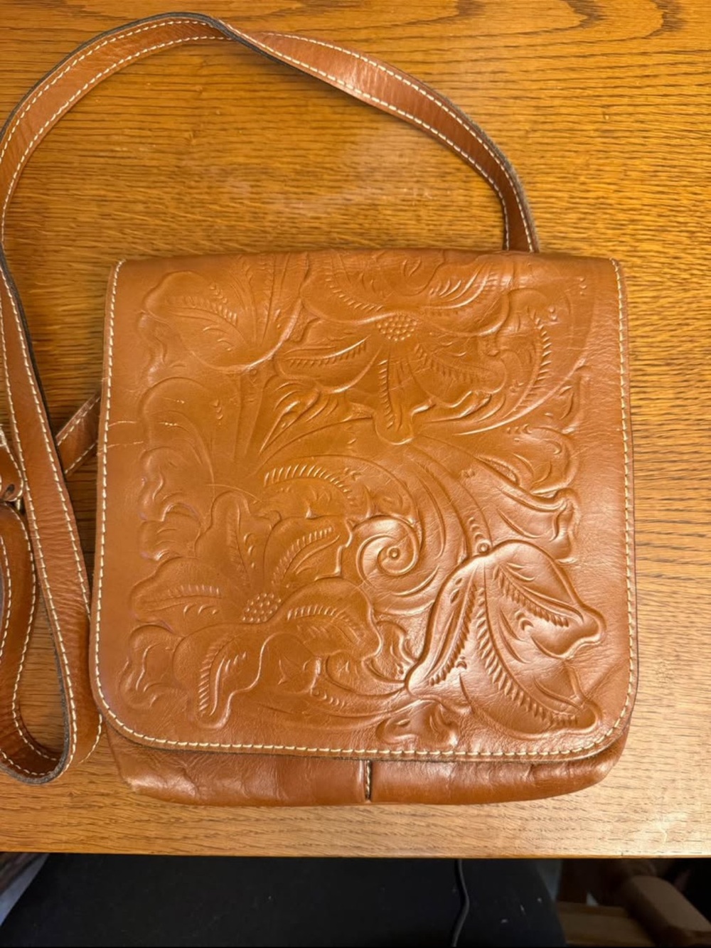 Patricia Nash Granada Embossed Floral Leather Crossbody Bag in Tan
